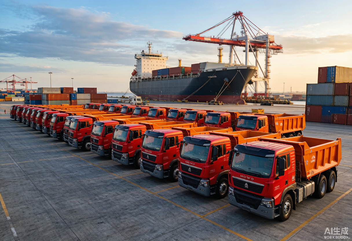 heavy-truck-export-port Rows of heavy-duty dump trucks lined up at a Chinese port awaiting ro-ro shipment for export