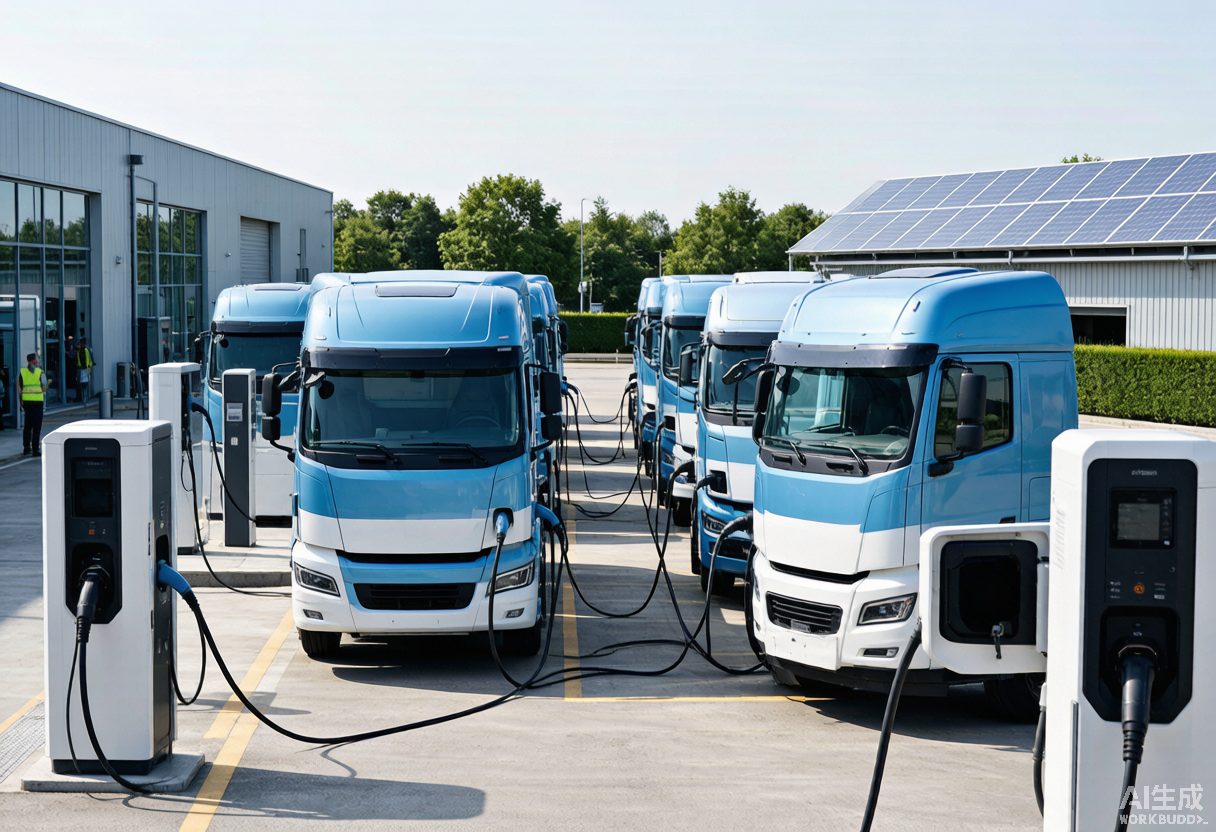 new-energy-trucks-charging Electric heavy-duty trucks charging at a modern logistics hub with solar panels