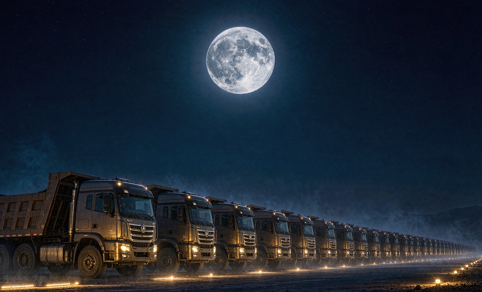 Heavy duty trucks lined up under the Mid-Autumn full moon