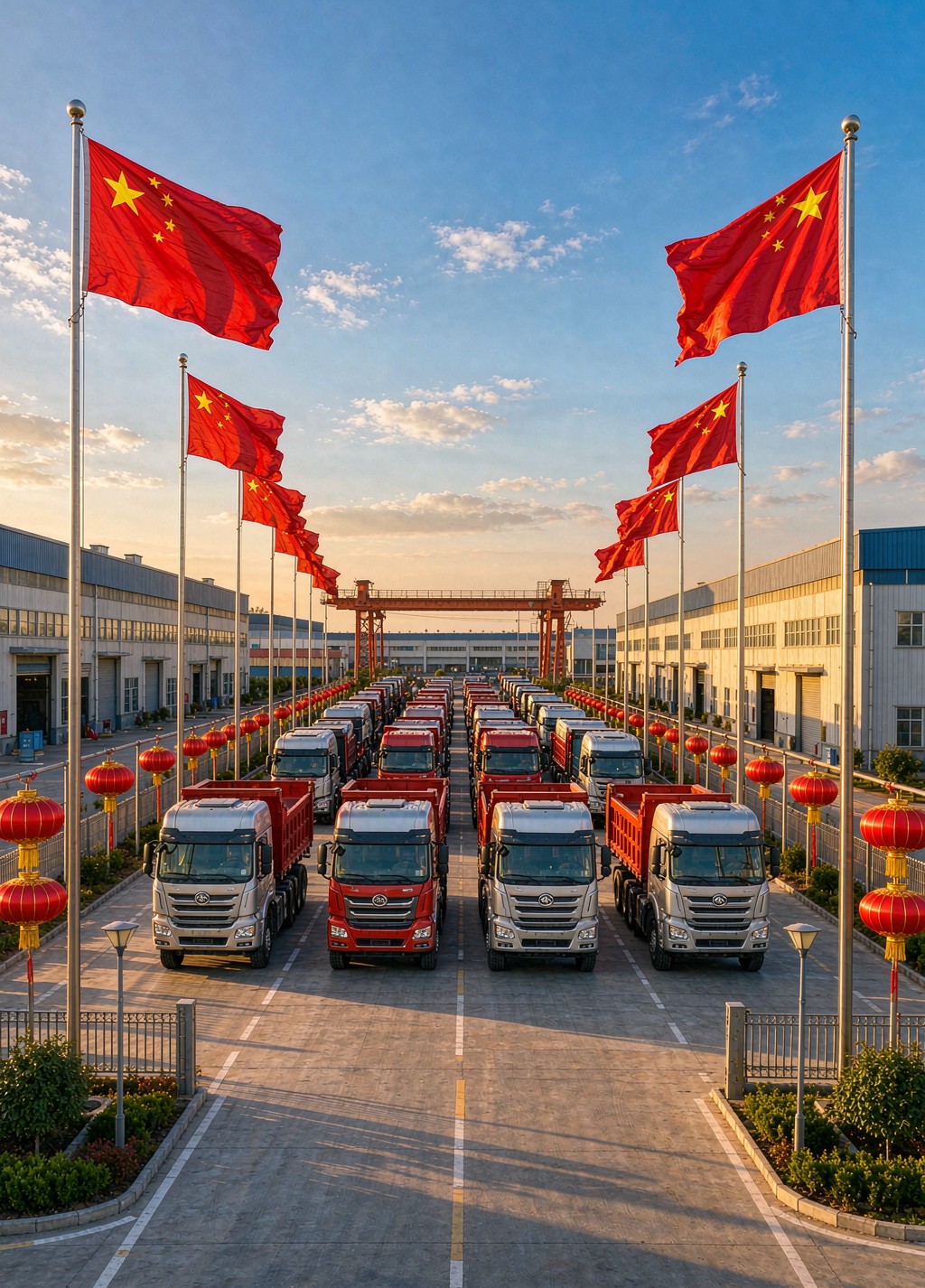 Heavy duty trucks lined up under Chinese national flags and red lanterns at the Welerxin truck yard