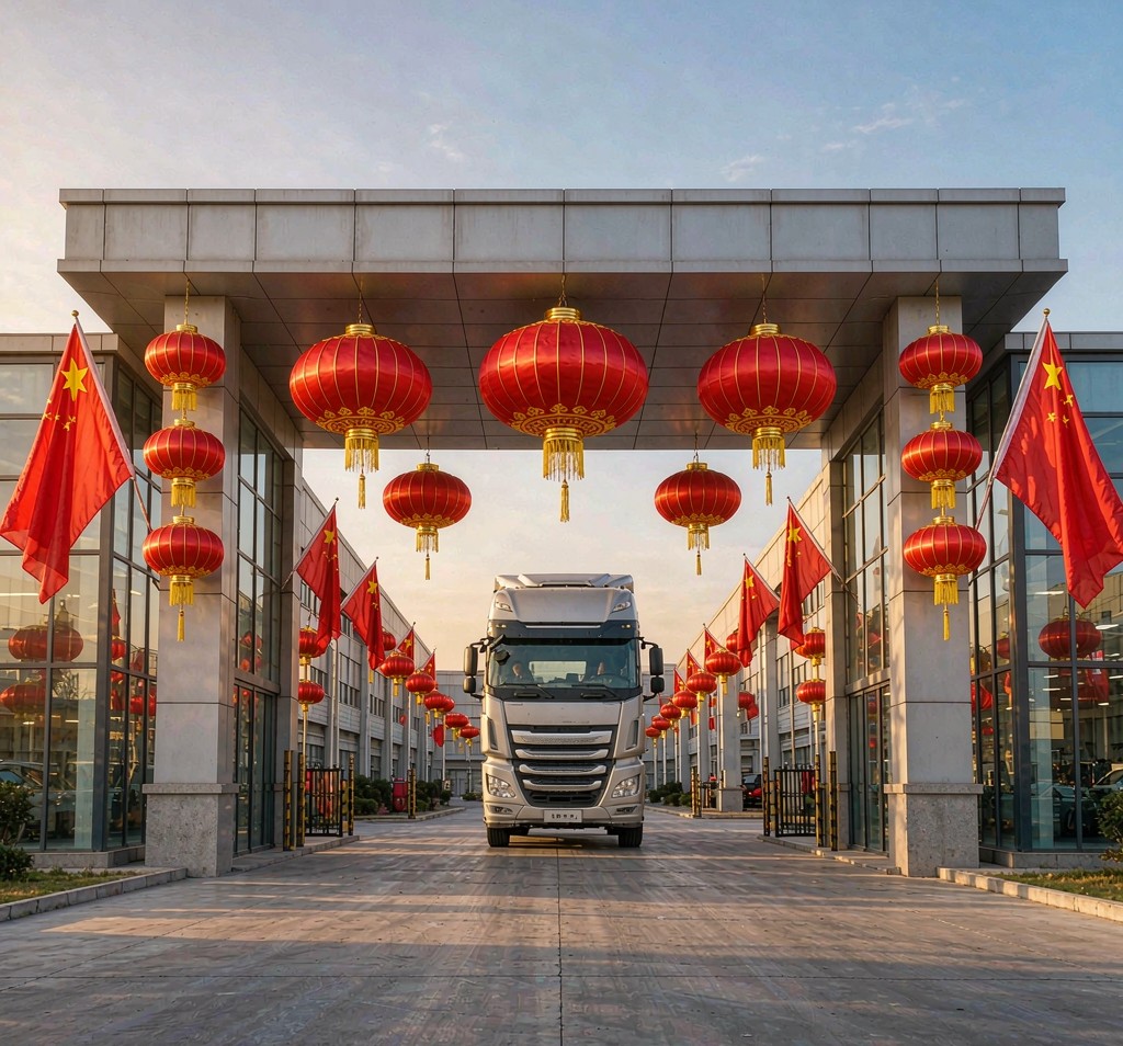 Red lanterns and national flags decorating the factory gate for National Day