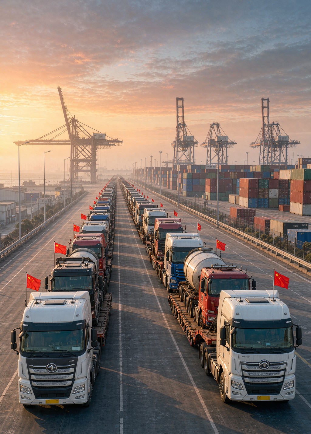 Trucks and semi trailers heading to port for export with Chinese flags