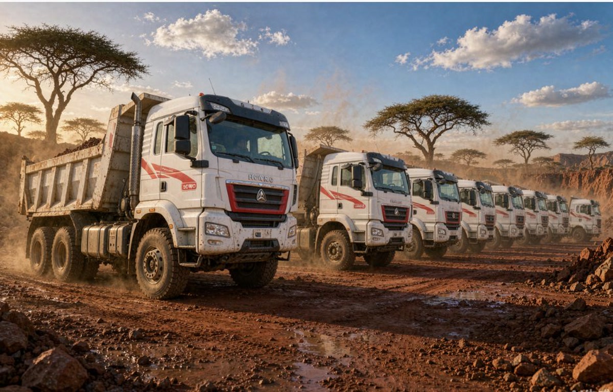 HOWO dump truck fleet convoy driving on an African dirt road